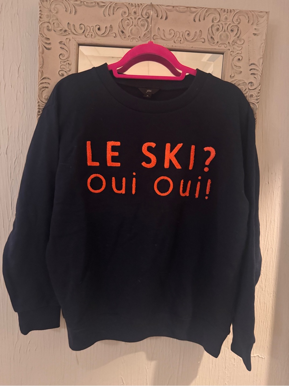 J. Crew Navy Crewneck Sweater with Bright Orange 'LE SKI? Oui Oui!'